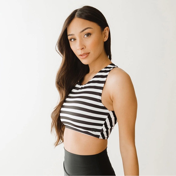 NWT Albion Hang Ten Game Changer Swim Crop Bathing Suit Black & White Stripes - Picture 3 of 6